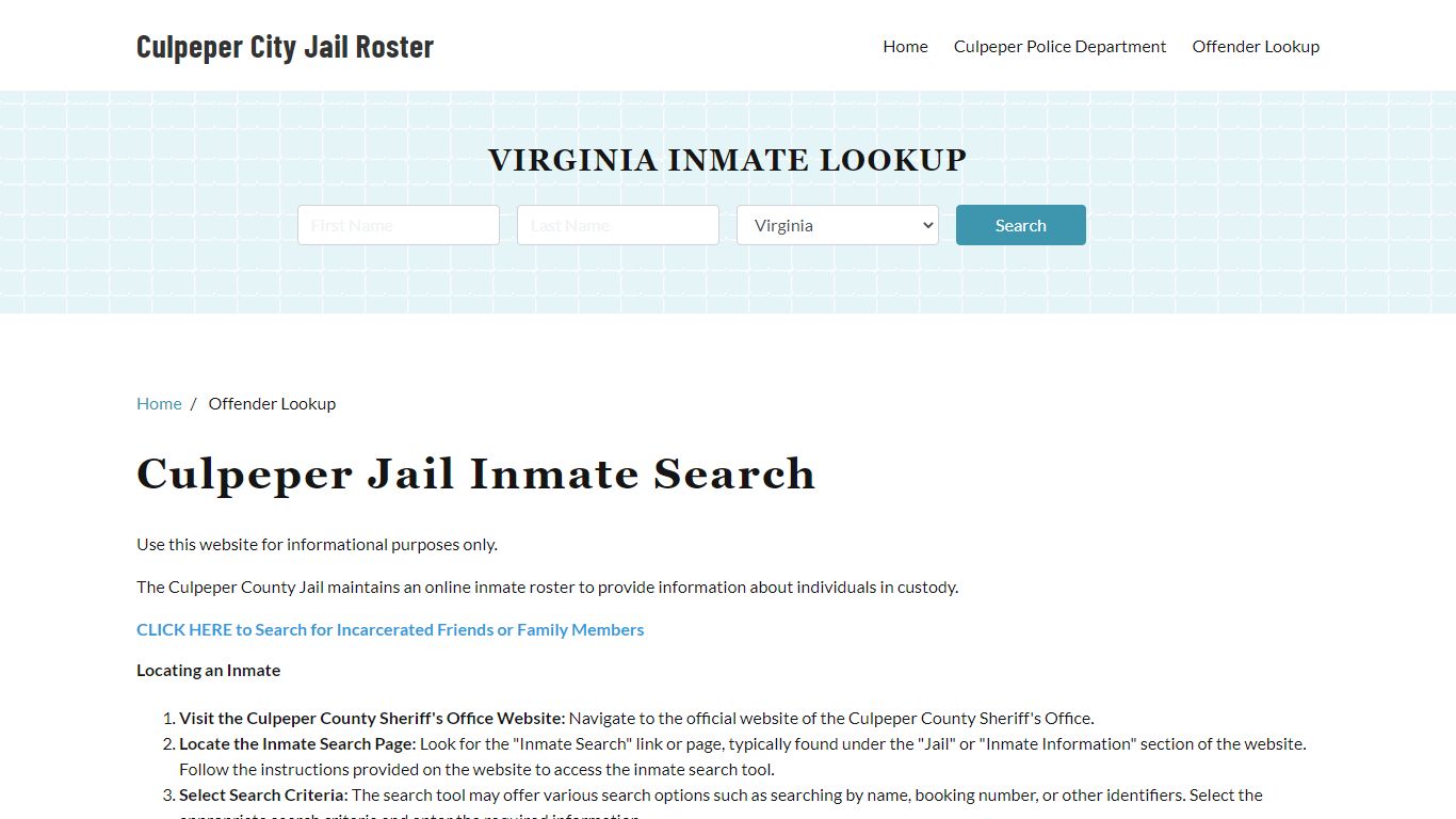 Culpeper, VA Detainee Lookup - Culpeper City Jail